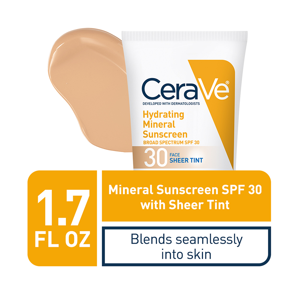 CeraVe Tinted Face Sheer Tint Hydrating Mineral Sunscreen with Zinc Oxide, 1.7 Oz