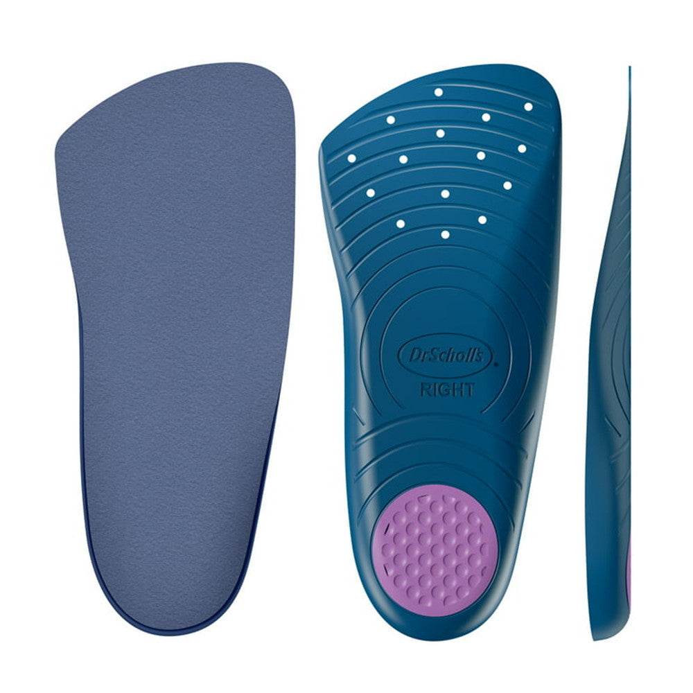 Blue and purple shoe insole with Dr. Scholl's branding on a white background