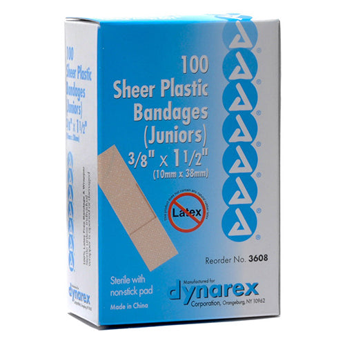 Adhesive Strips Sheer Plastic Spot Bandages Sterile Junior, Latex Free, Size 3/8 Inches X 1.5 Inches - 100 Ea