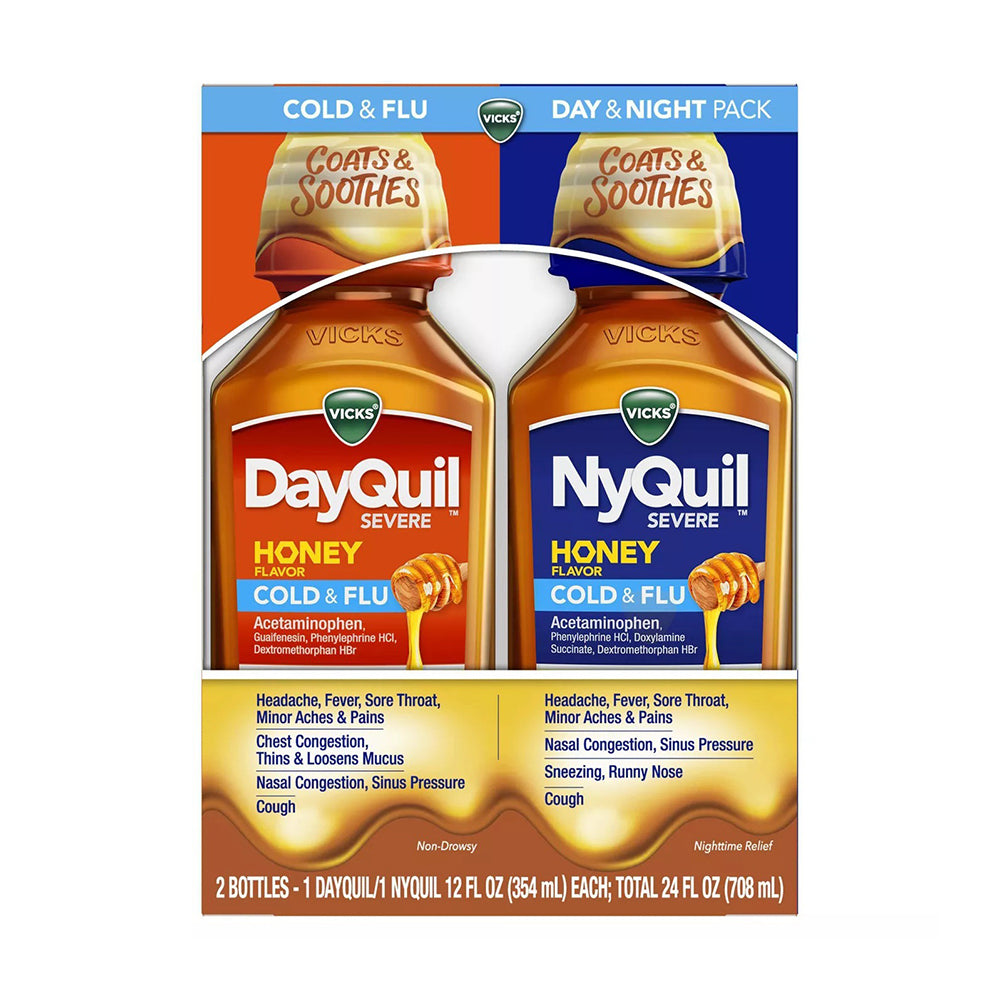 Vicks DayQuil NyQuil Severe Cold and Flu Honey Combo 12 Oz, 2Pack