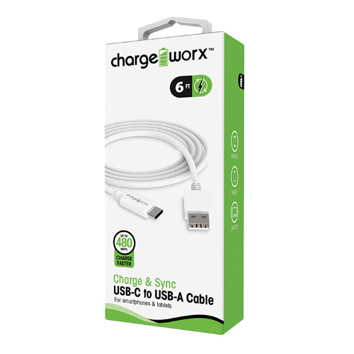 Chargeworx USB C to USB A Sync and Charge Cable 6 Feet White 1Ea