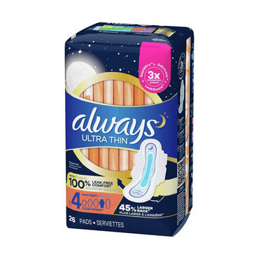 Always Ultra Thin Pads Overnight Absorbency Unscented with Wings, Size 4, 26 Ea