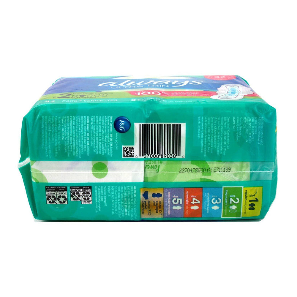 Always Ultra Thin Pads Size 2 Long Absorbency Unscented With Wings, 42 Ct