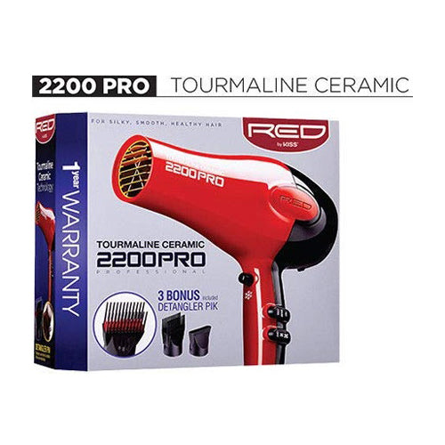 Kiss Red Dryer 2200 Pro Tourmaline Ceramic with 3 Bonus Detangler Pik, 1 Ea