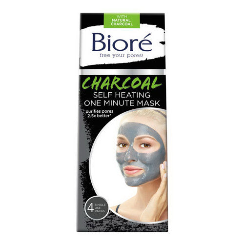 Biore Charcoal Self Heating One Minute Mask Single Use Packs, 4 Ea