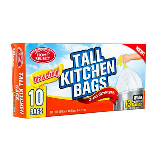 Home Select Tall Kitchen Bags with 2 Ply Strength, 13 Gallon, White, 10 Ea/24 Pack
