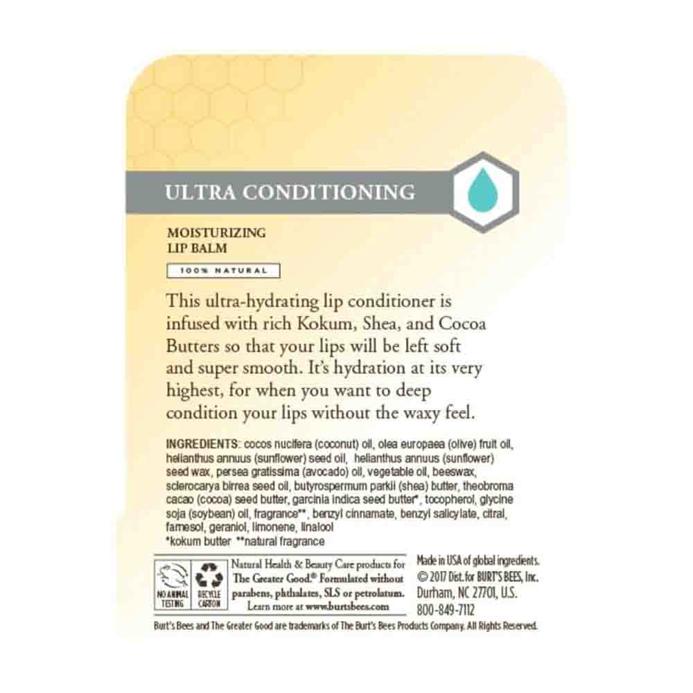 Burts Bees 100% Natural Moisturizing Lip Balm, Ultra Conditioning with Kokum Butter, 1 Ea
