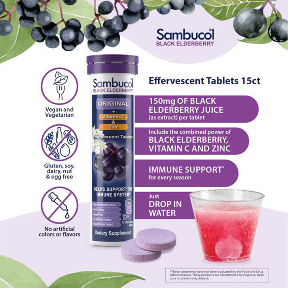 Sambucol Black Elderberry Original Formula Vitamin C Plus Zinc Effervescent Tablets, 15 Ea