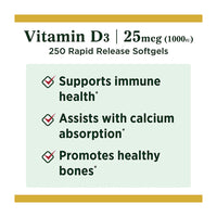 Nature's Bounty Vitamin D3 Softgels, 25 mcg, 1000 IU, 250 Ct