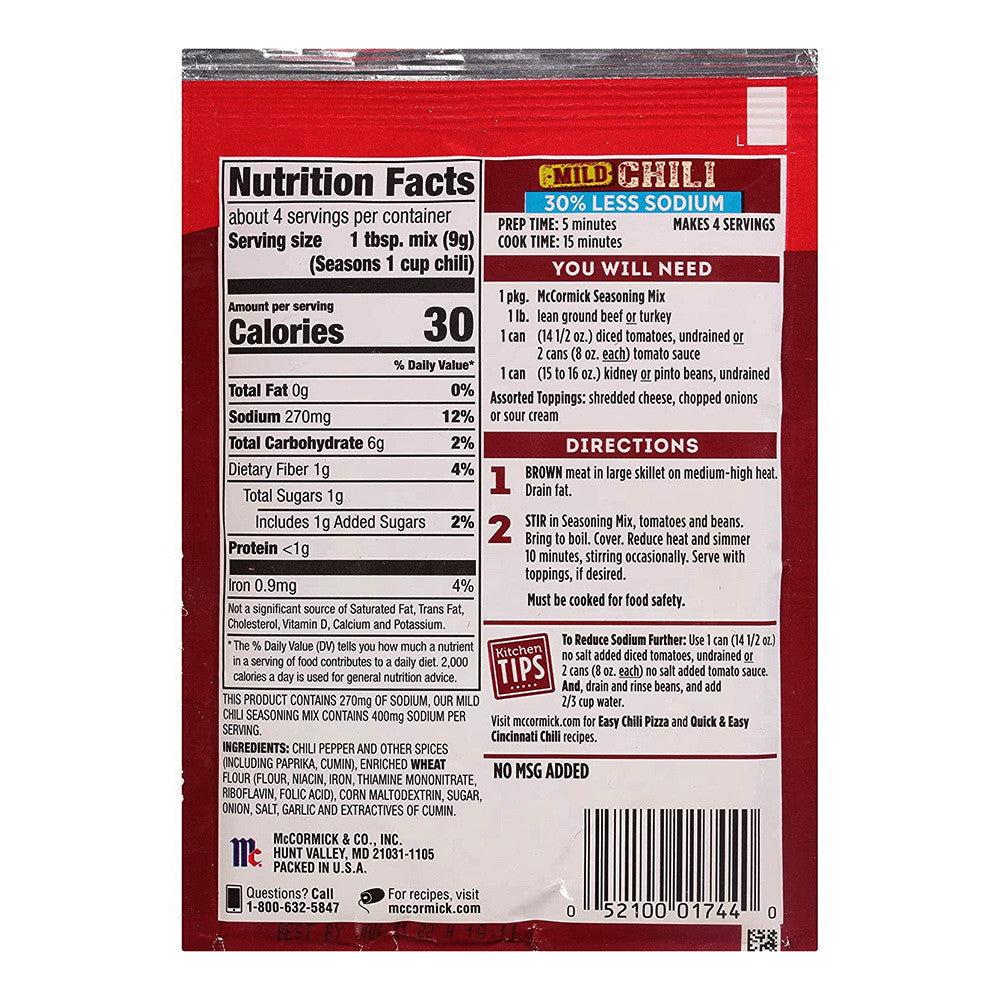 McCormick MILD CHILI, 30% Less Sodium, Seasoning Mix 1.25oz