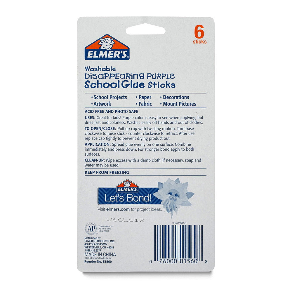 Elmer's Disappearing Purple School Glue Sticks, 6 Count