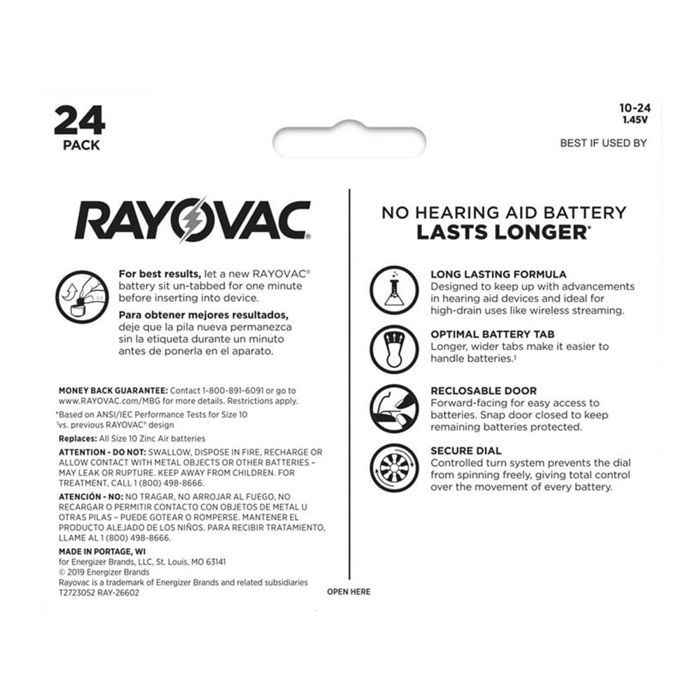 Rayovac 1.45V Hearing Aid Batteries, Size 10, 24 Ct