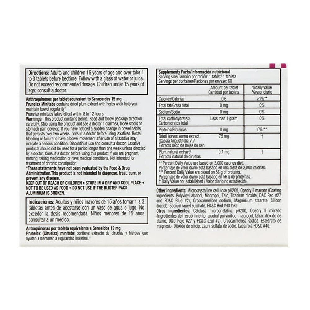 Prunelax Ciruelax Minitabs Natural Laxative Dietary Supplement Tablets, 60Ct