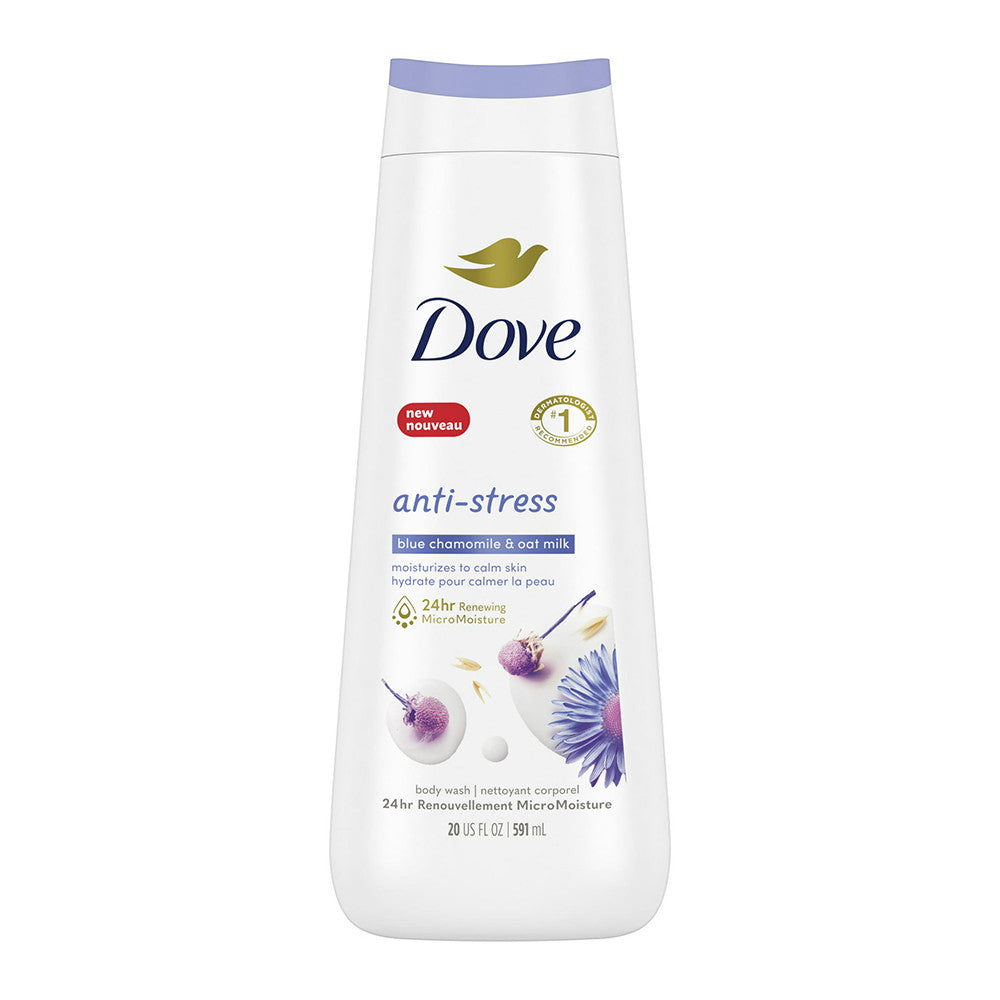 Dove Anti Stress Moisturizing Liquid Body Wash Blue Chamomile and Oat Milk, 20 Oz
