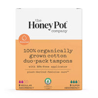 The Honey Pot Company Duo Pack Organic Bio Plastic Applicator Tampon 9 Reg 9 Super, 1 Ea