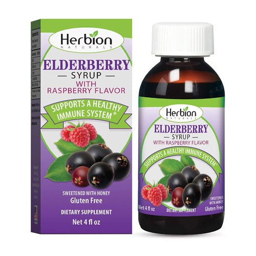 Herbion Naturals Elderberry Syrup with Raspberry Flavor and Honey for Immune Support 4Oz (120ml)