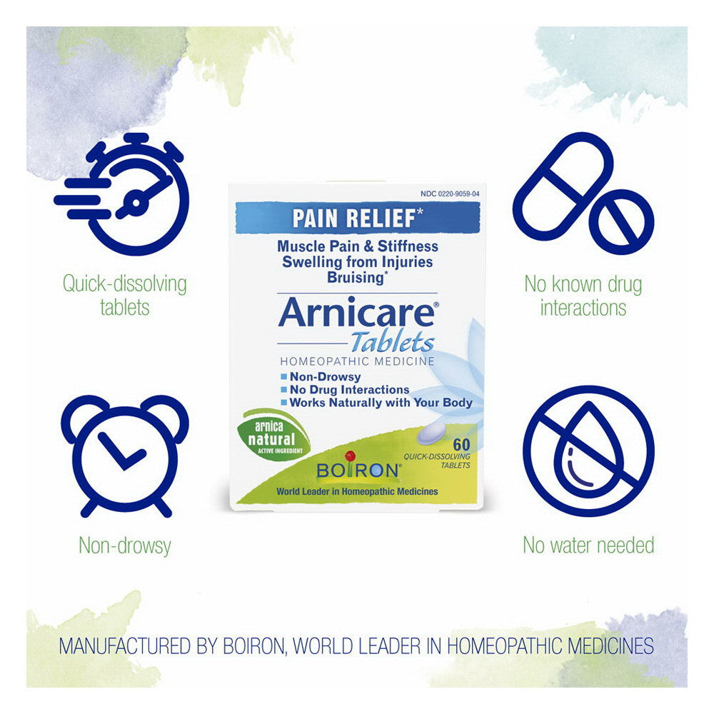 Boiron Arnicare Arnica Homeopathic Meltaway Tablets for Pain Relief, 60 Ea
