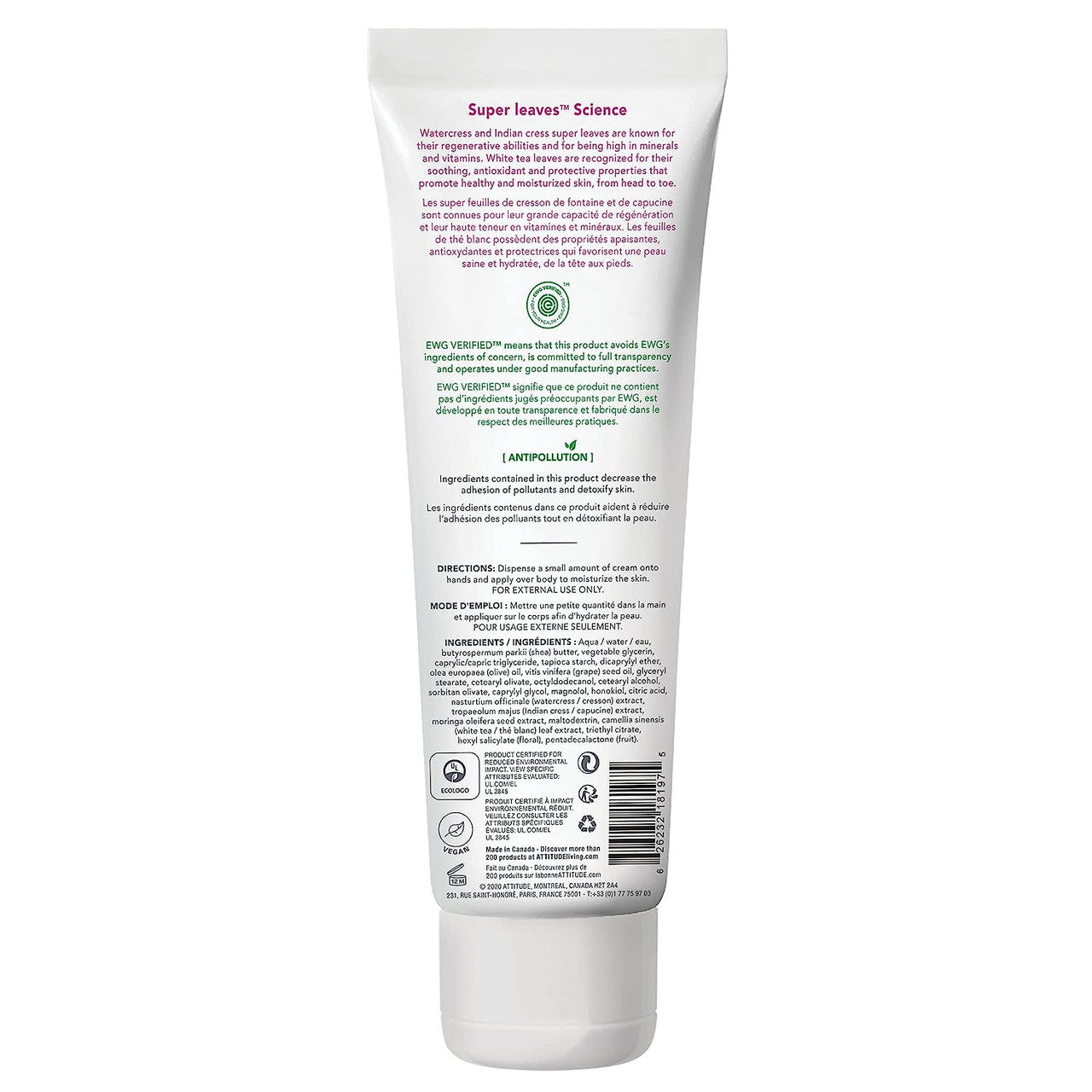 Attitude Hypoallergenic Regenerating Body Cream, White Tea Leaves, 8 Oz