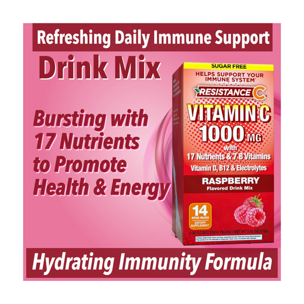 Resistance C Raspberry Flavored Vitamin C 1000mg Drink Mix Stick Packs, 14 Ea