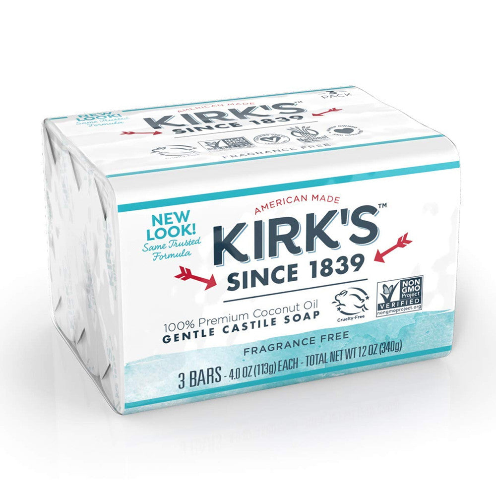 Kirks Natural Original Coco Castile Bar Soaps, Fragrance Free, 3 Ea