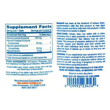 Malabar Complete Milk Digestant Premium Formula Tablets, 30 Ea