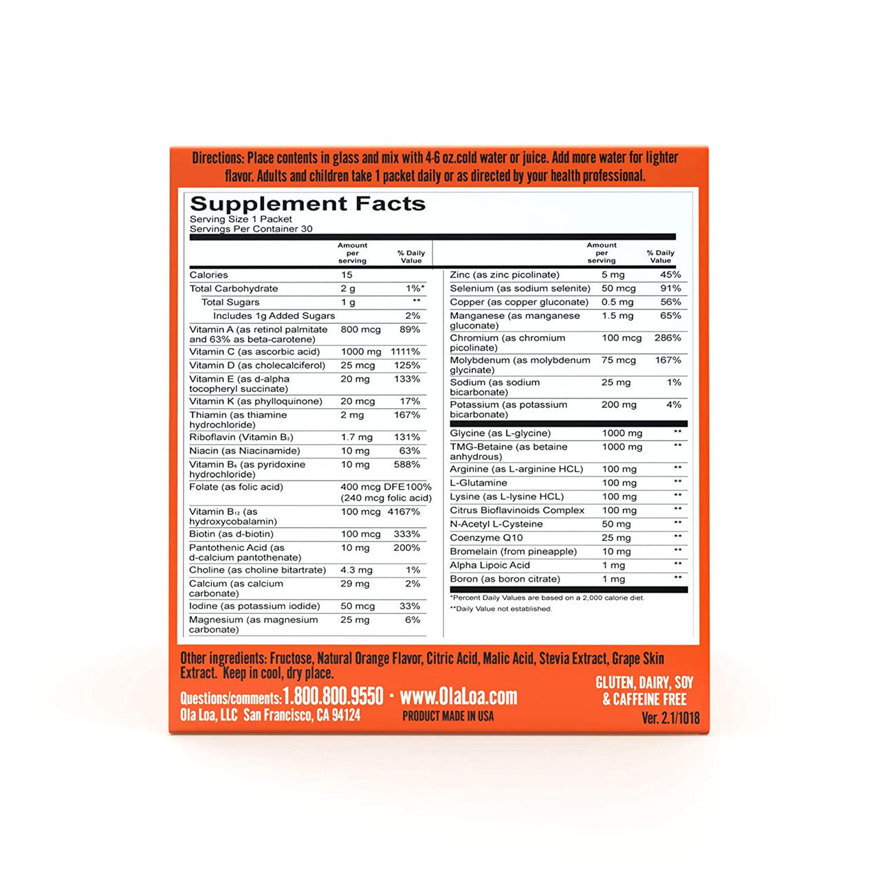 Ola Loa Energy Multivitamin Effervescent Drink Mix Packets, Orange, 30 Ea