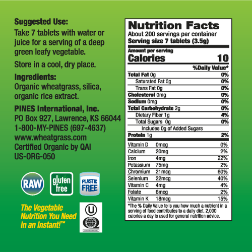 Pines International, Organic Pines Wheat Grass, 500 Mg, 1400 Tablets