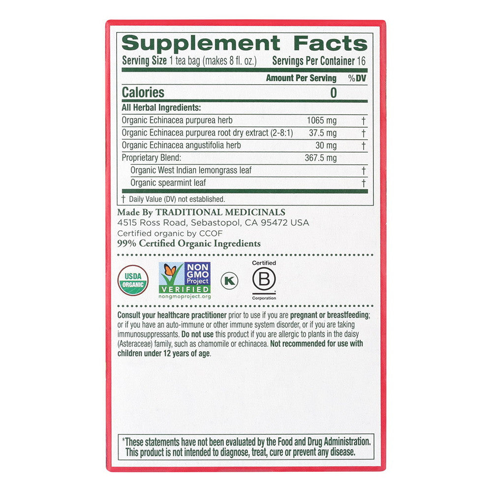 Traditional Medicinals Organic Echinacea Plus Herbal Tea, Caffeine Free, 16 Ea