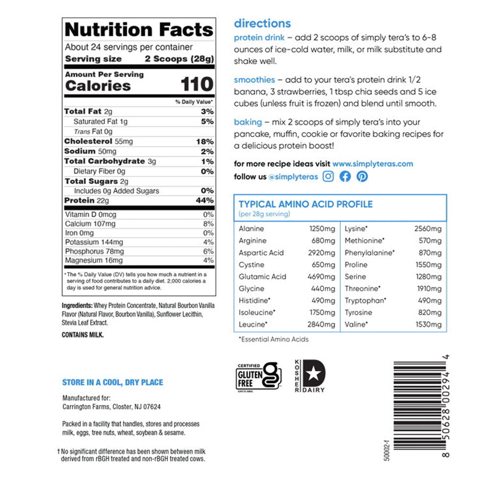Teras Whey Grass Fed Simply Pure Whey Protein Powder In Larger Size With Bourbon Vanilla, 24 Oz