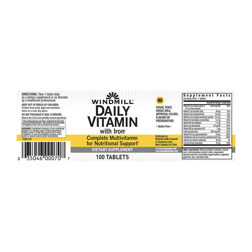 Windmill Daily Vitamin Tablets With Iron Tablets, 100 Ea