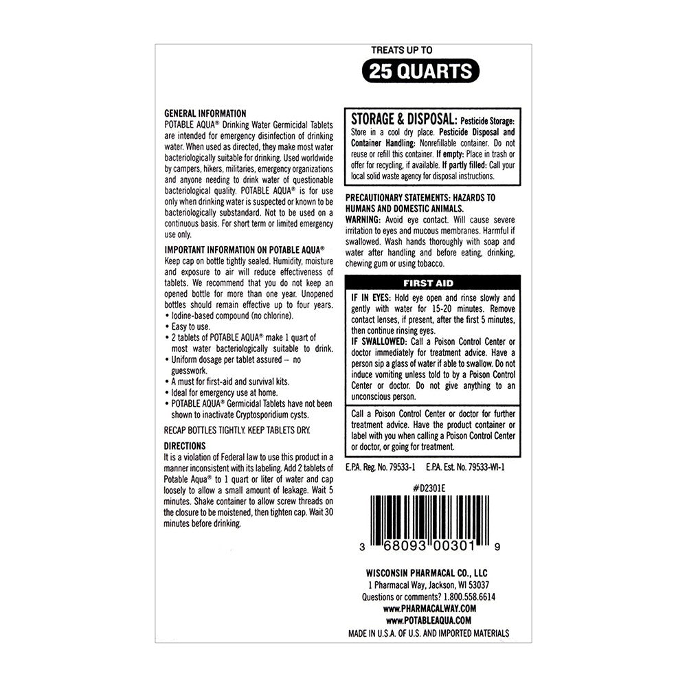 Potable Aqua Water Treatment Tablets, 50 Ea