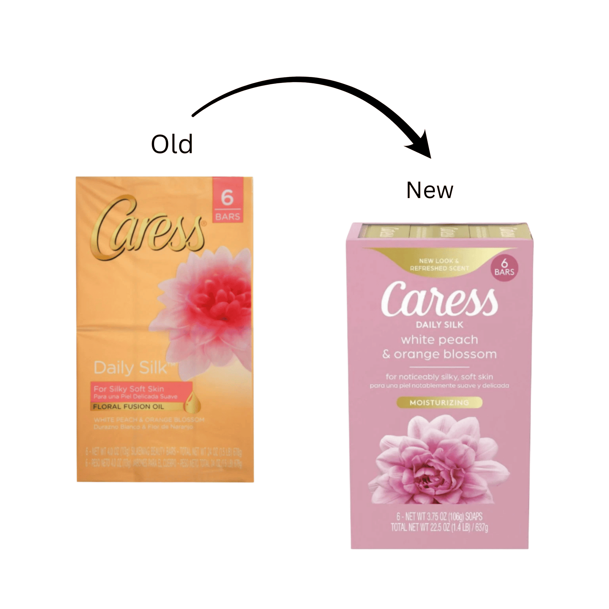 Comparison of an old and new Caress soap packaging design on a white background.