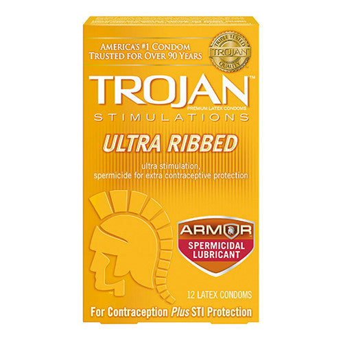Trojan Ultra Ribbed Lubricated Latex Condoms, Spermicida - 12 Ea